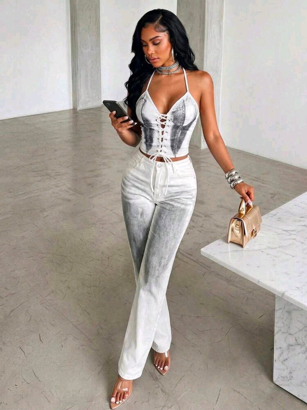 Conjunto plateado corsé y pantalón