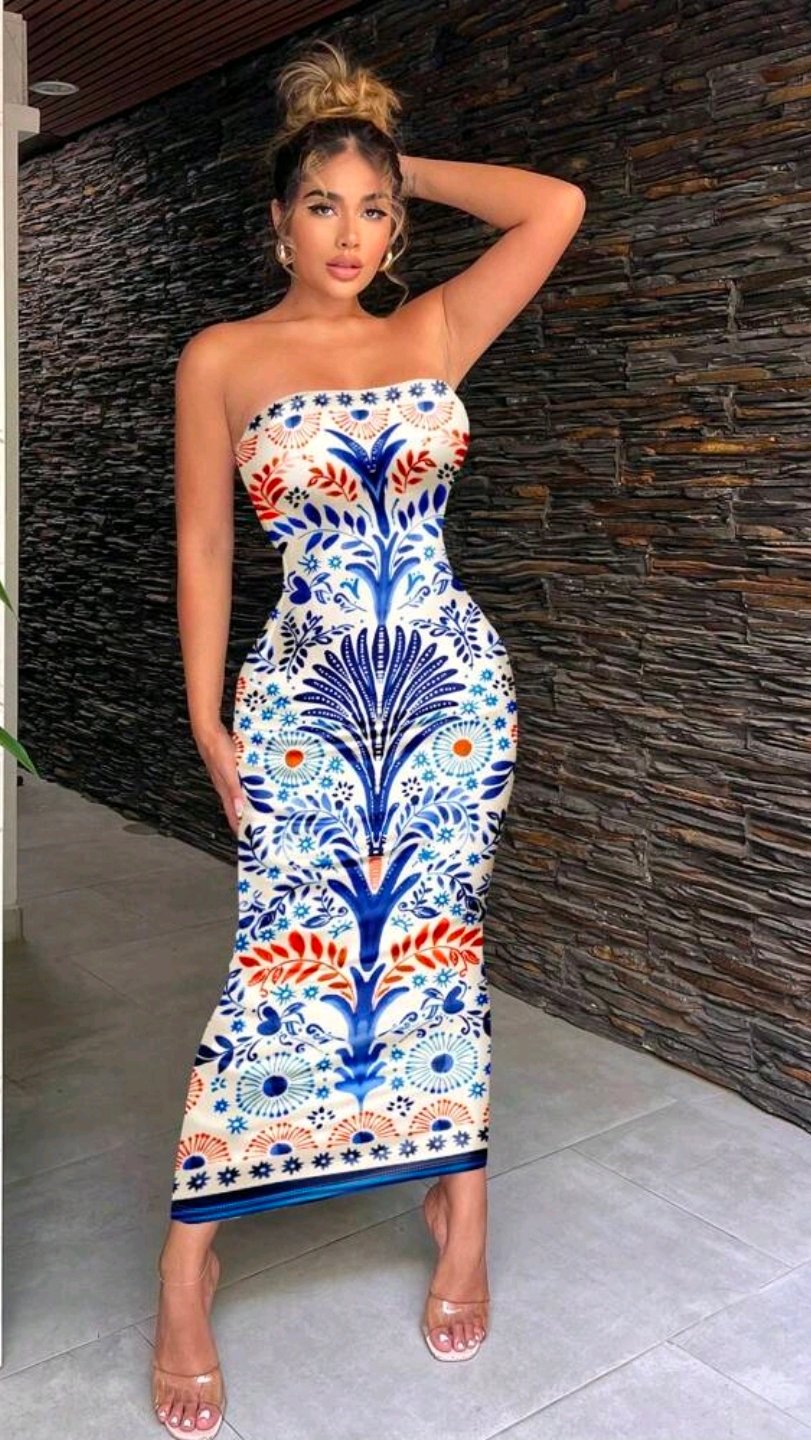 Vestido largo azul estampado