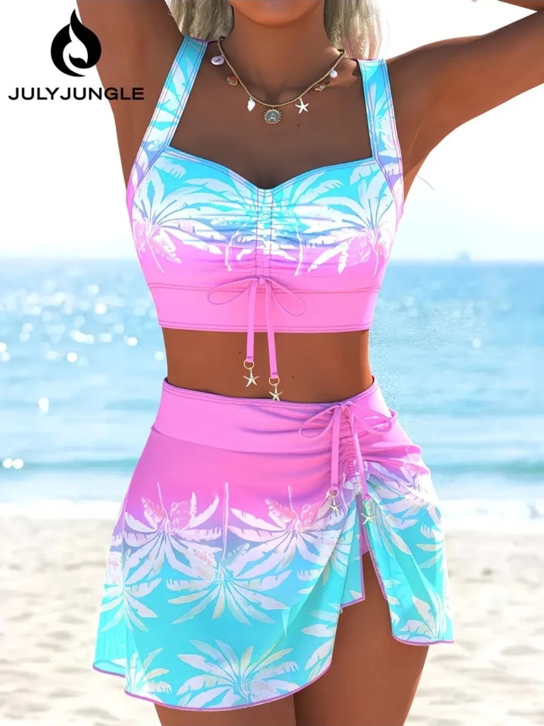 Conjunto de playa tropical rosa y turquesa con short