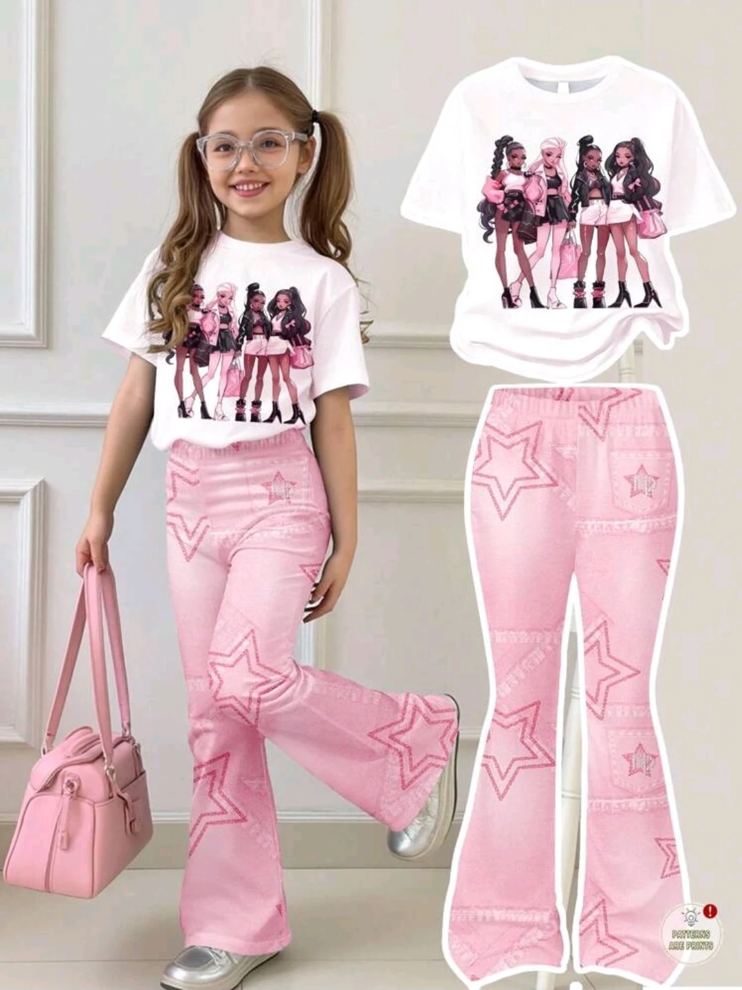 Conjunto camiseta blanca K-pop y pantalón rosa para niña