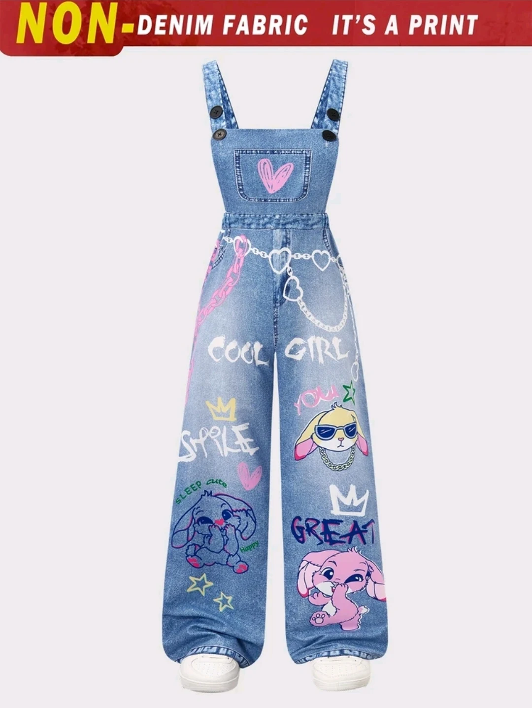 Overol efecto denim con dibujos para niña