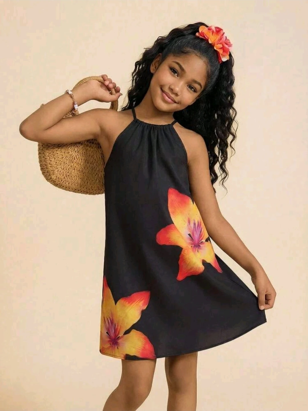 Vestido negro floral evasé para niña