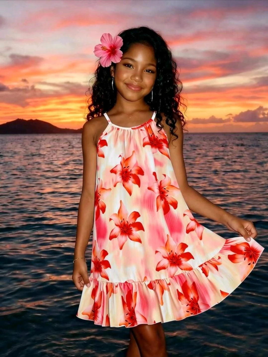 Vestido blanco y rojo floral para niña