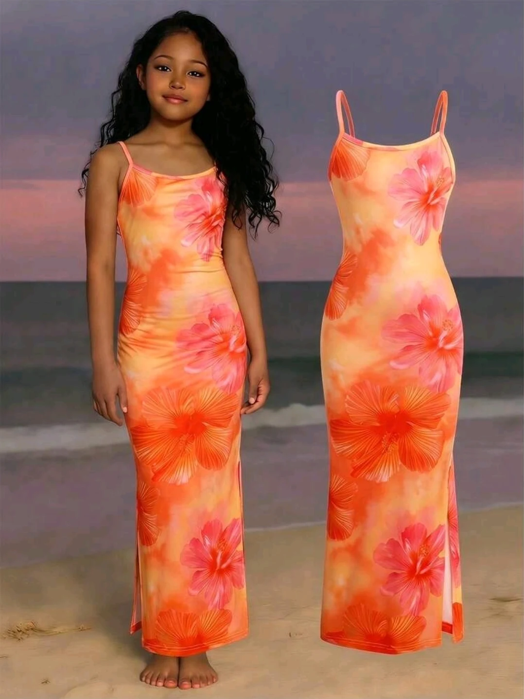 Vestido maxi naranja floral para niña