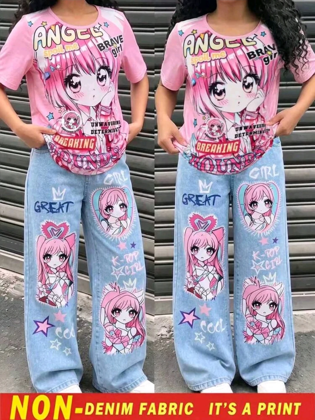 Conjunto camiseta rosa y pantalón azul con dibujos para niña
