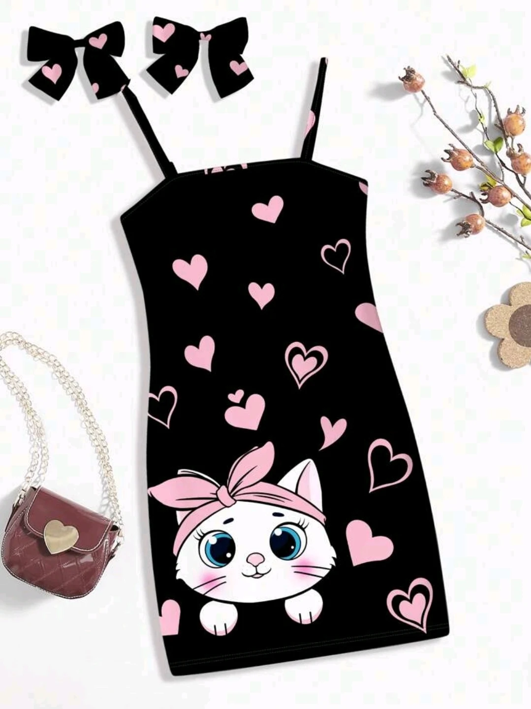 Vestido negro de gatos y corazones para niña