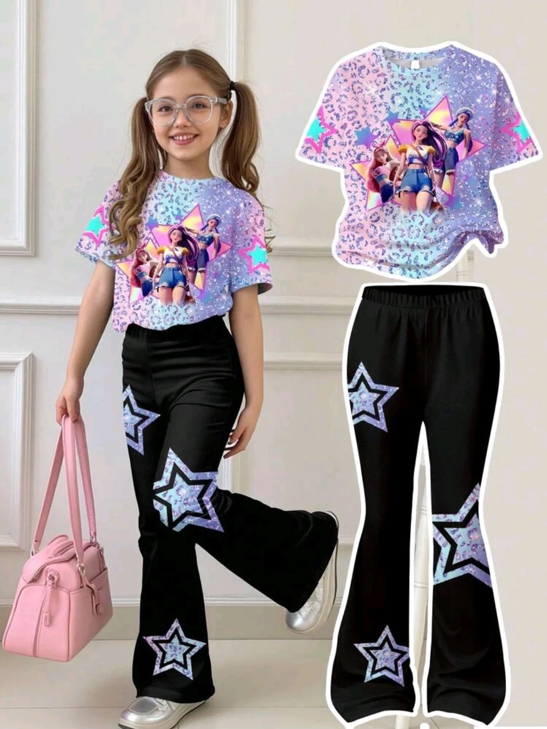 Conjunto camiseta pastel y pantalón negro de estrellas para niña