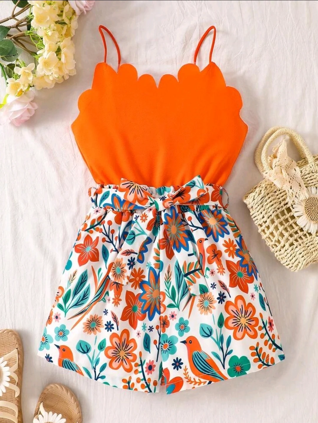 Conjunto top naranja y short floral para niña