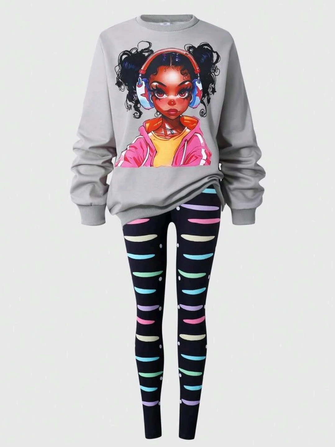 Conjunto sudadera gris y leggings a rayas para niña