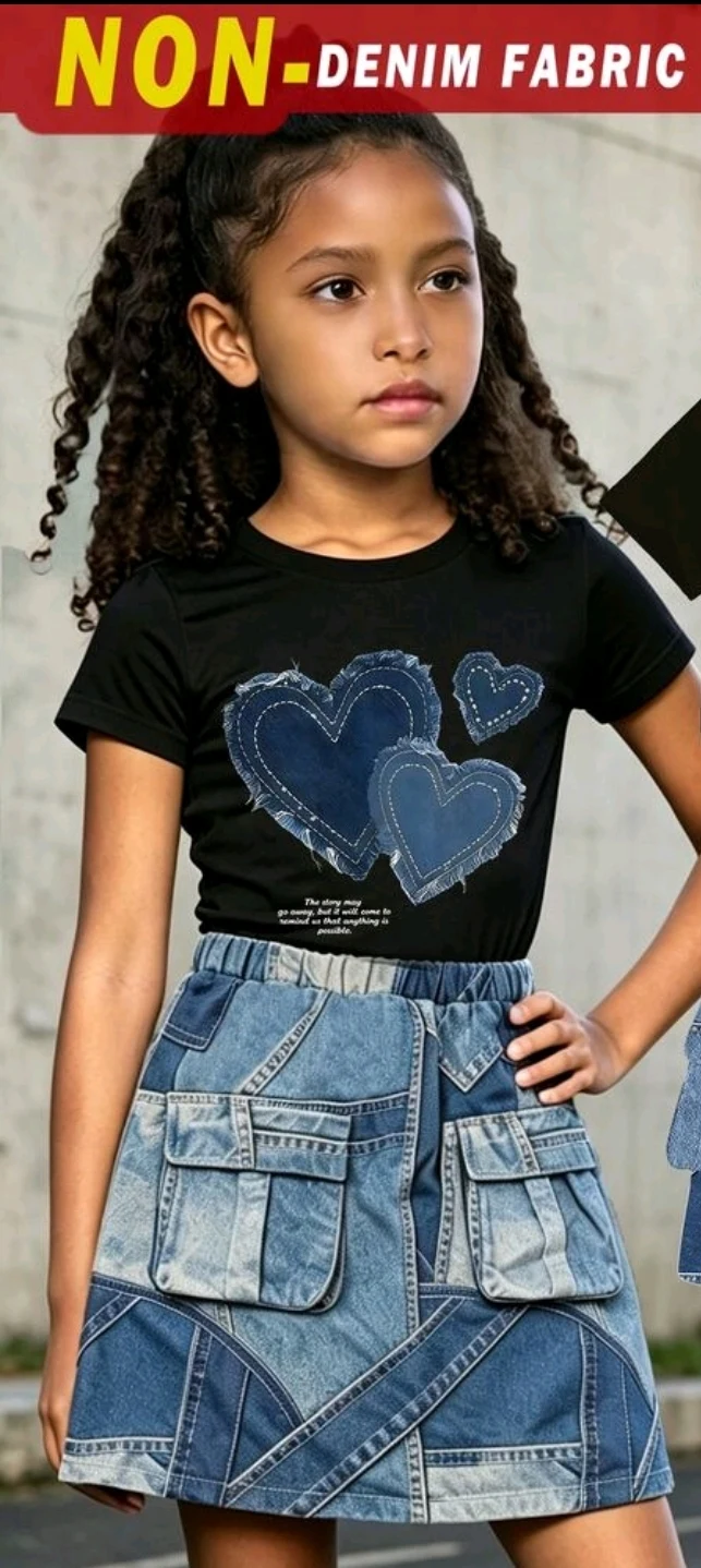 Conjunto camiseta negra de corazones y falda denim para niña