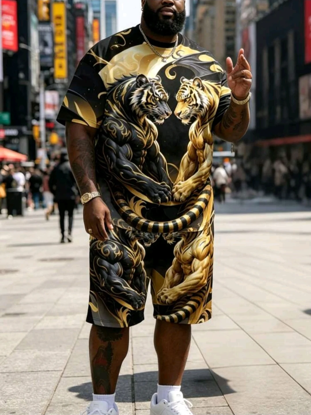 Conjunto negro y dorado con tigre