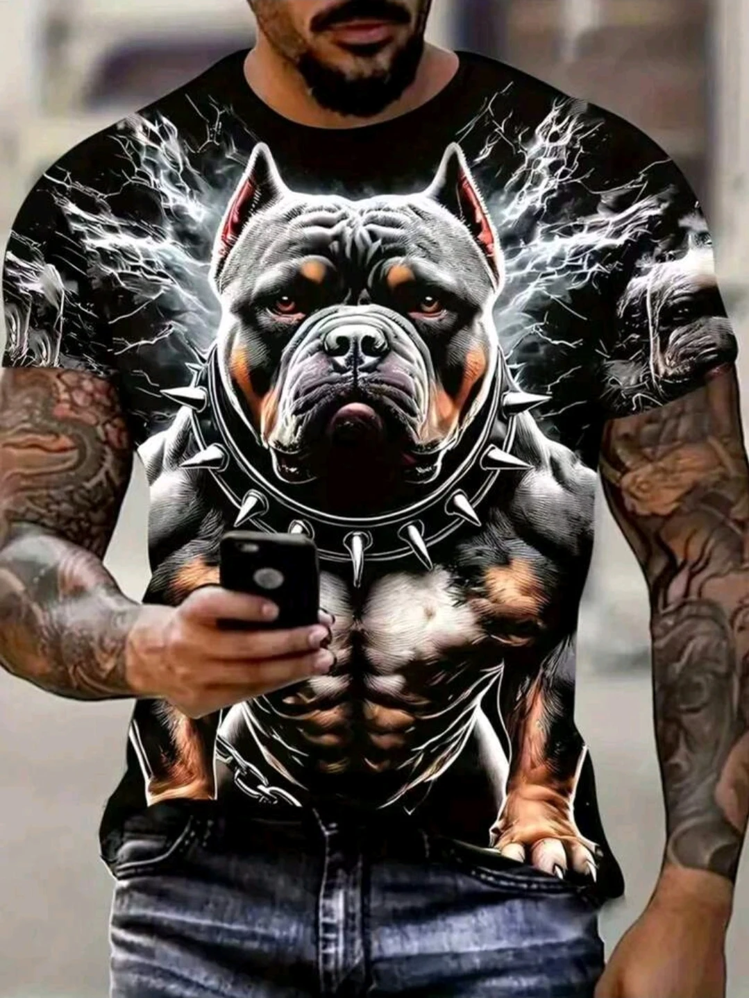 Camiseta negra con pitbull y relámpagos