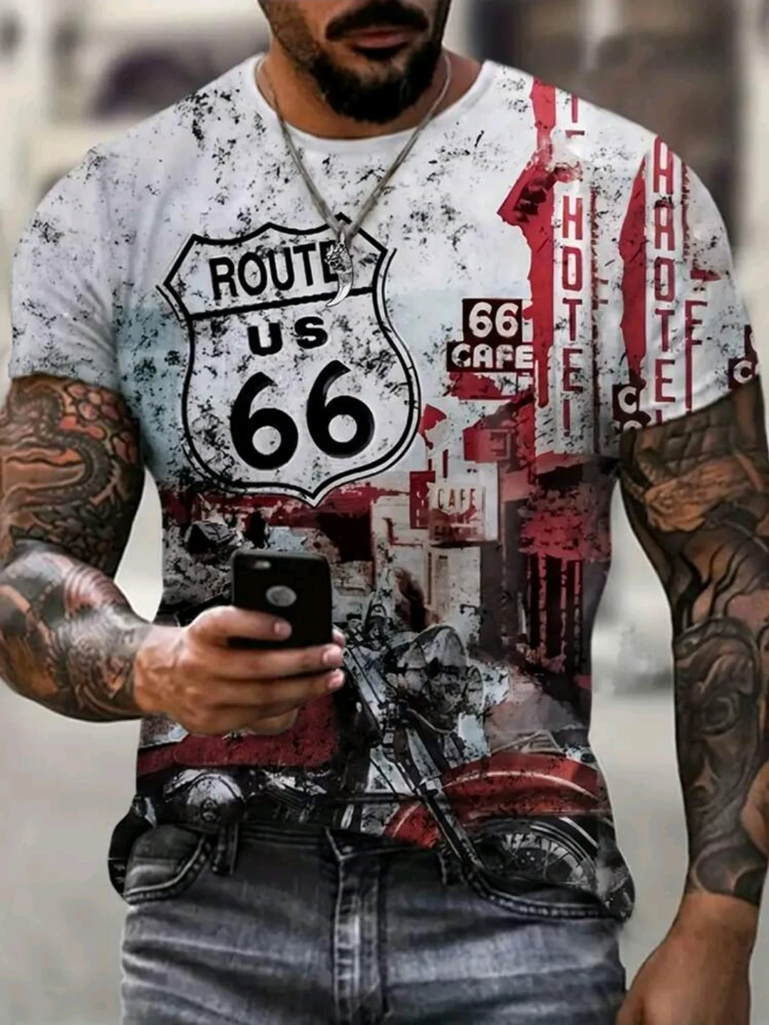 Camiseta blanca gris y roja Route 66