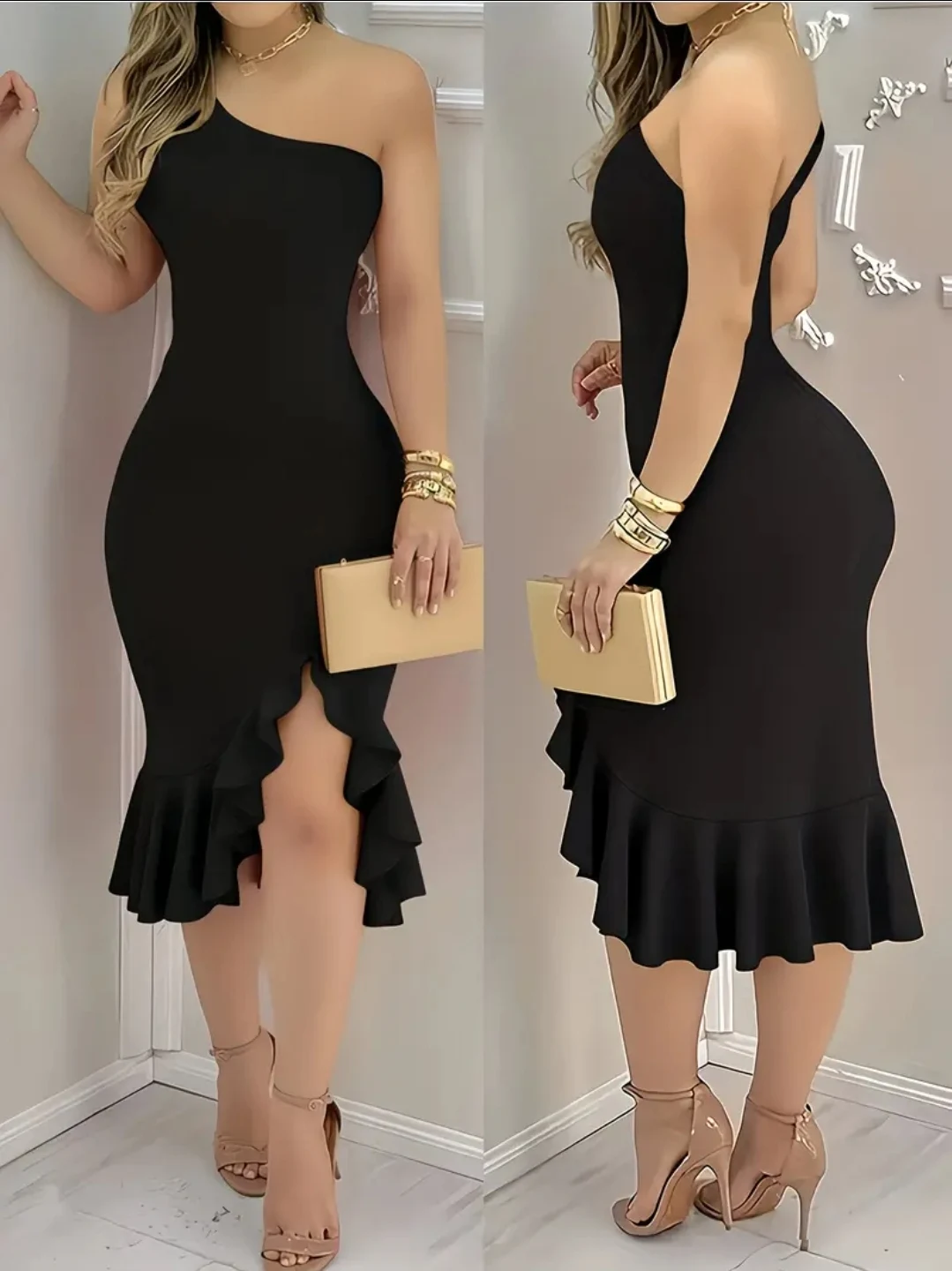Vestido midi negro de un hombro con volante