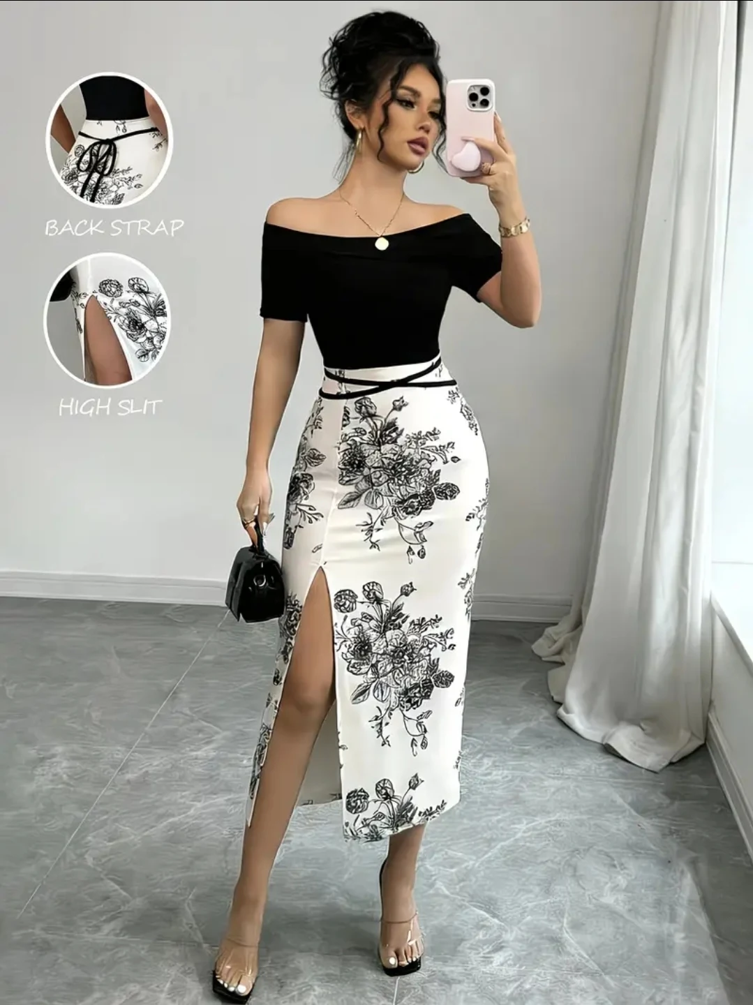 Conjunto negro con falda midi blanca floral
