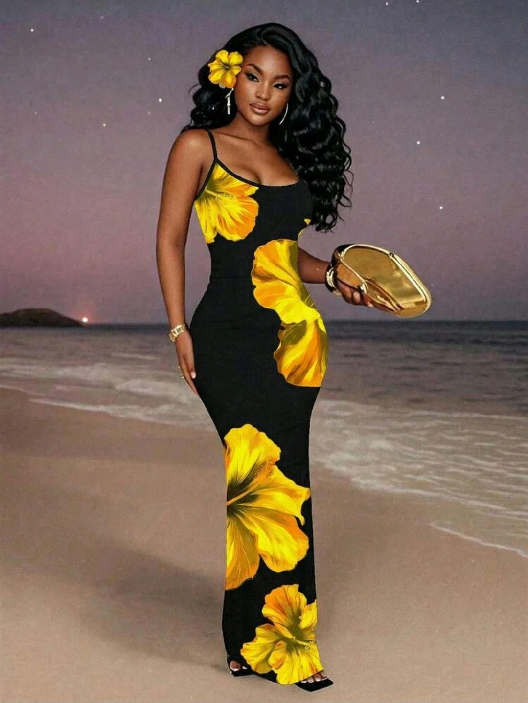 Vestido maxi negro y amarillo floral
